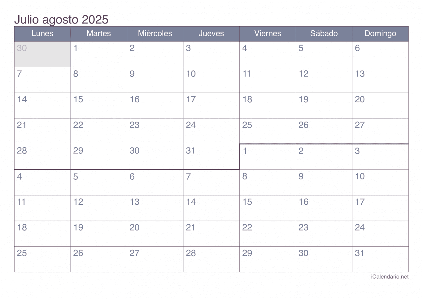 Calendario de julio agosto 2025 - Office