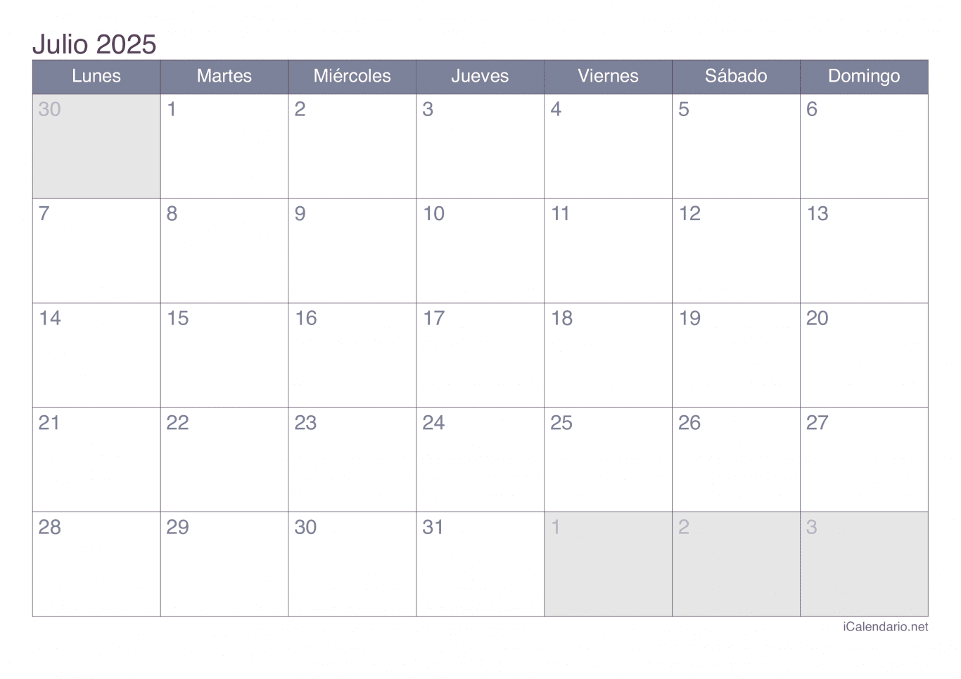 Calendario de julio 2025 - Office