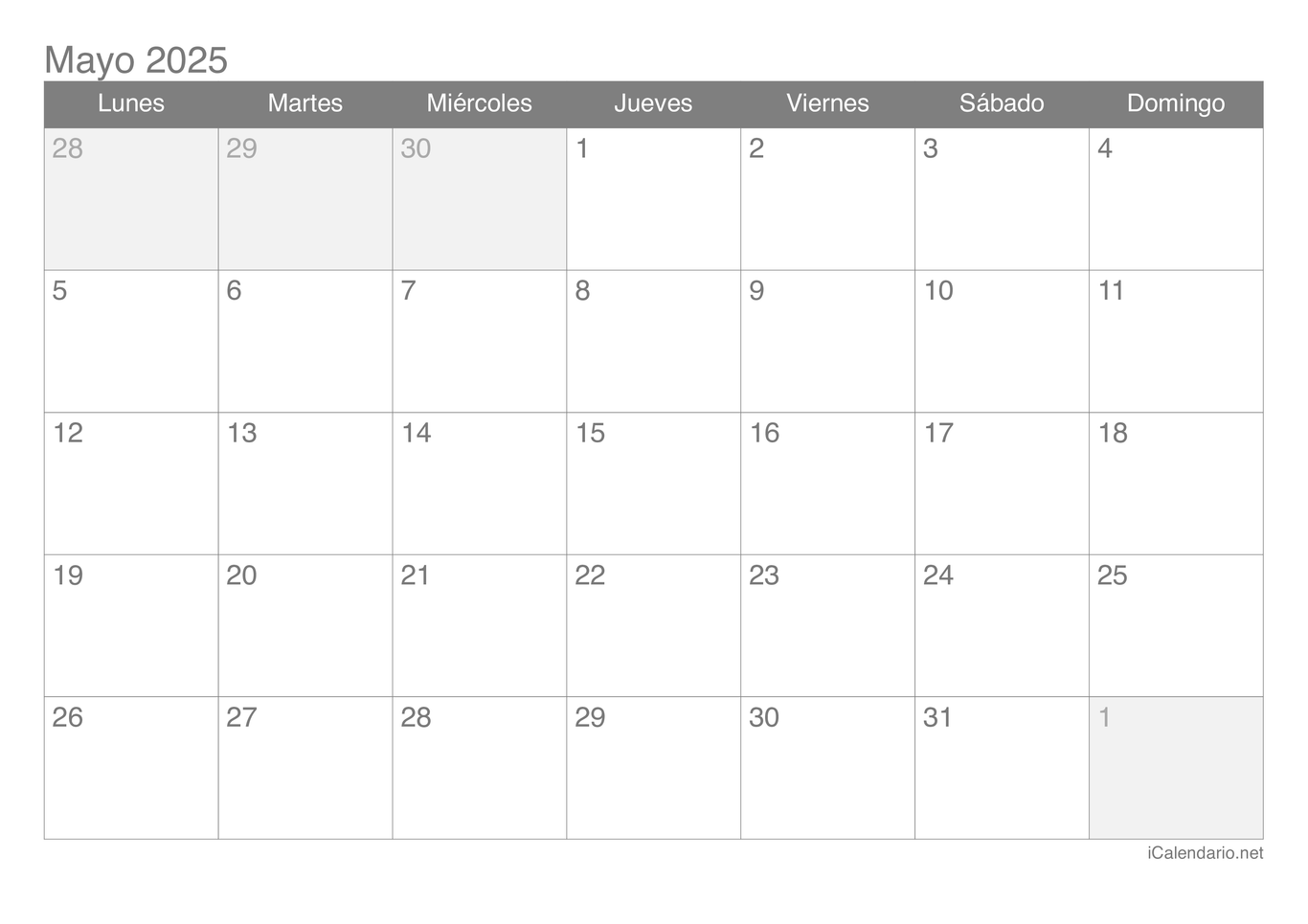 Calendario de mayo 2025