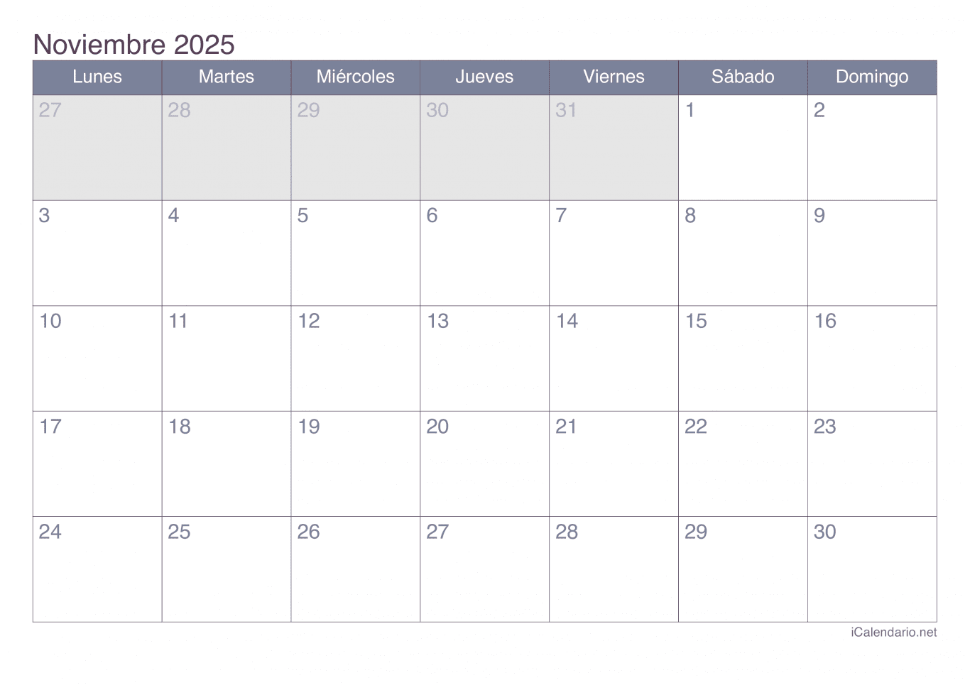 Calendario de noviembre 2025 - Office