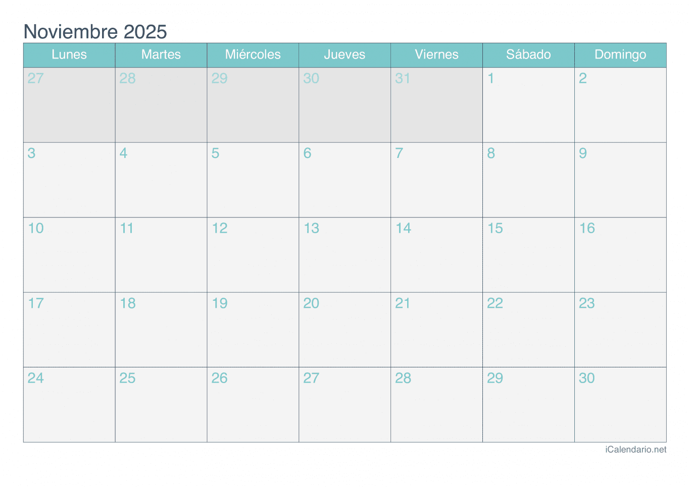 Calendario de noviembre 2025 - Turquesa