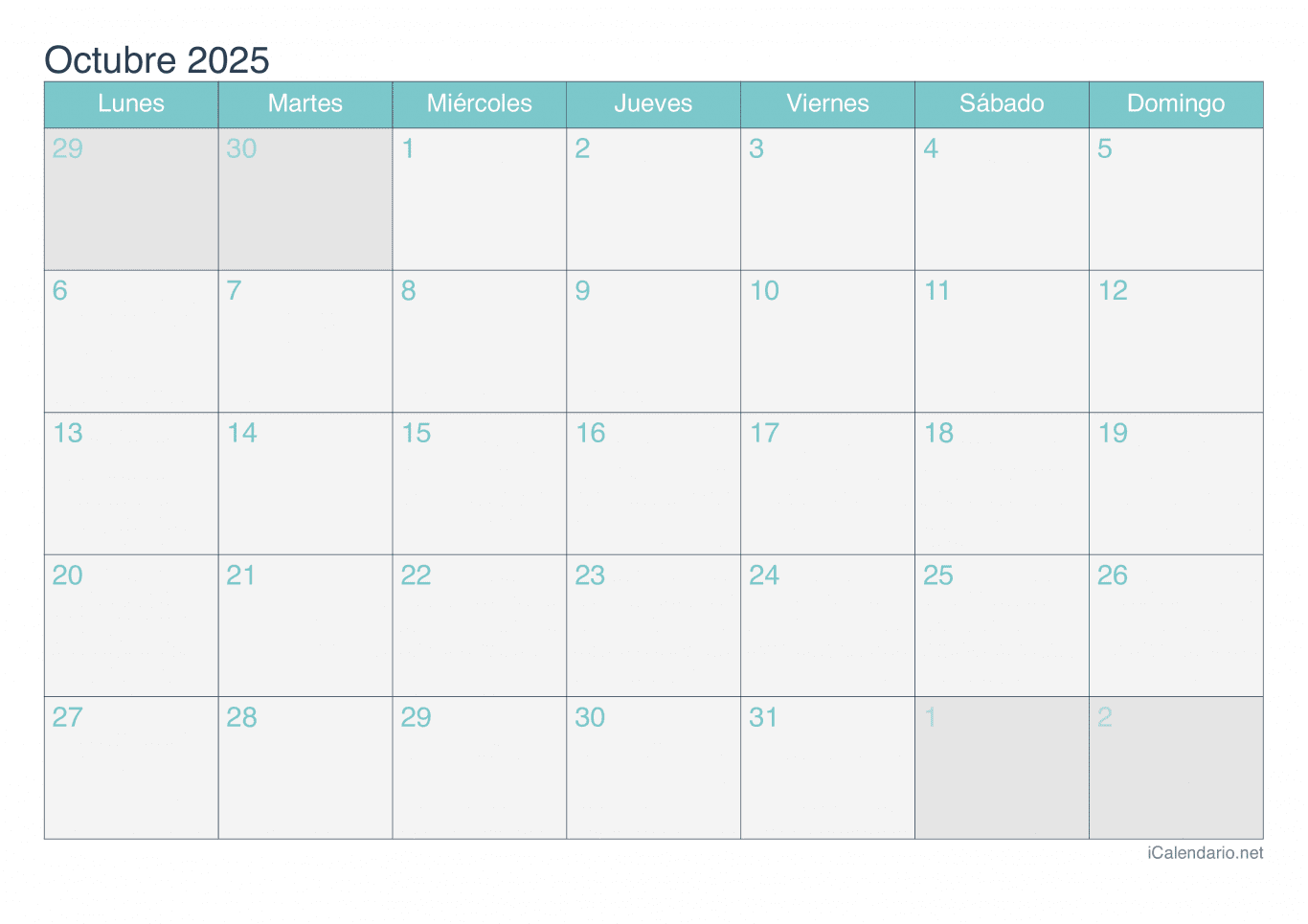Calendario de octubre 2025 - Turquesa