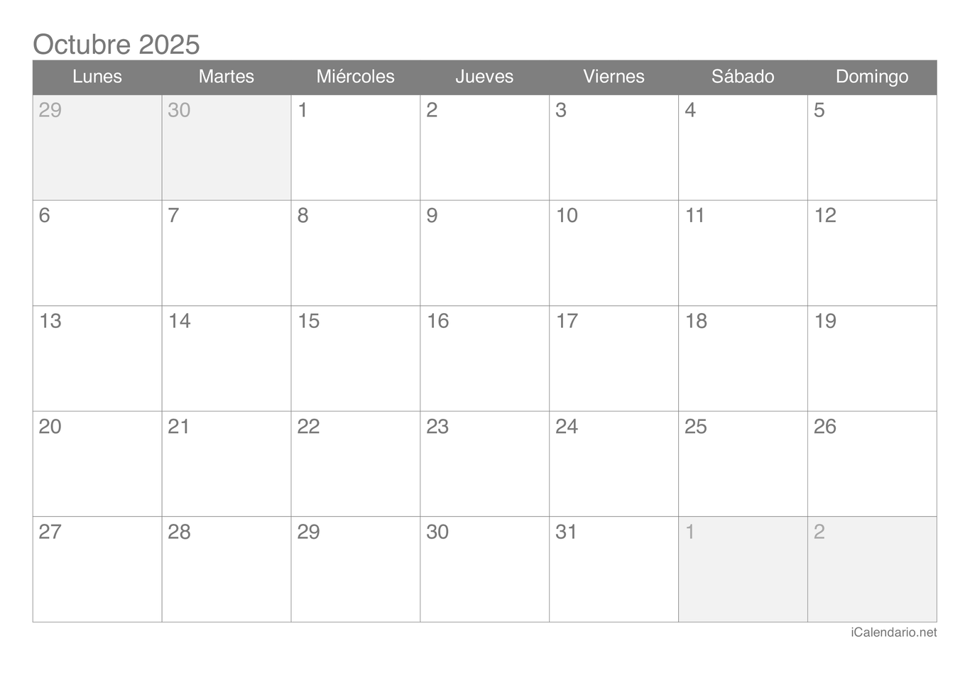 Calendario de octubre 2025