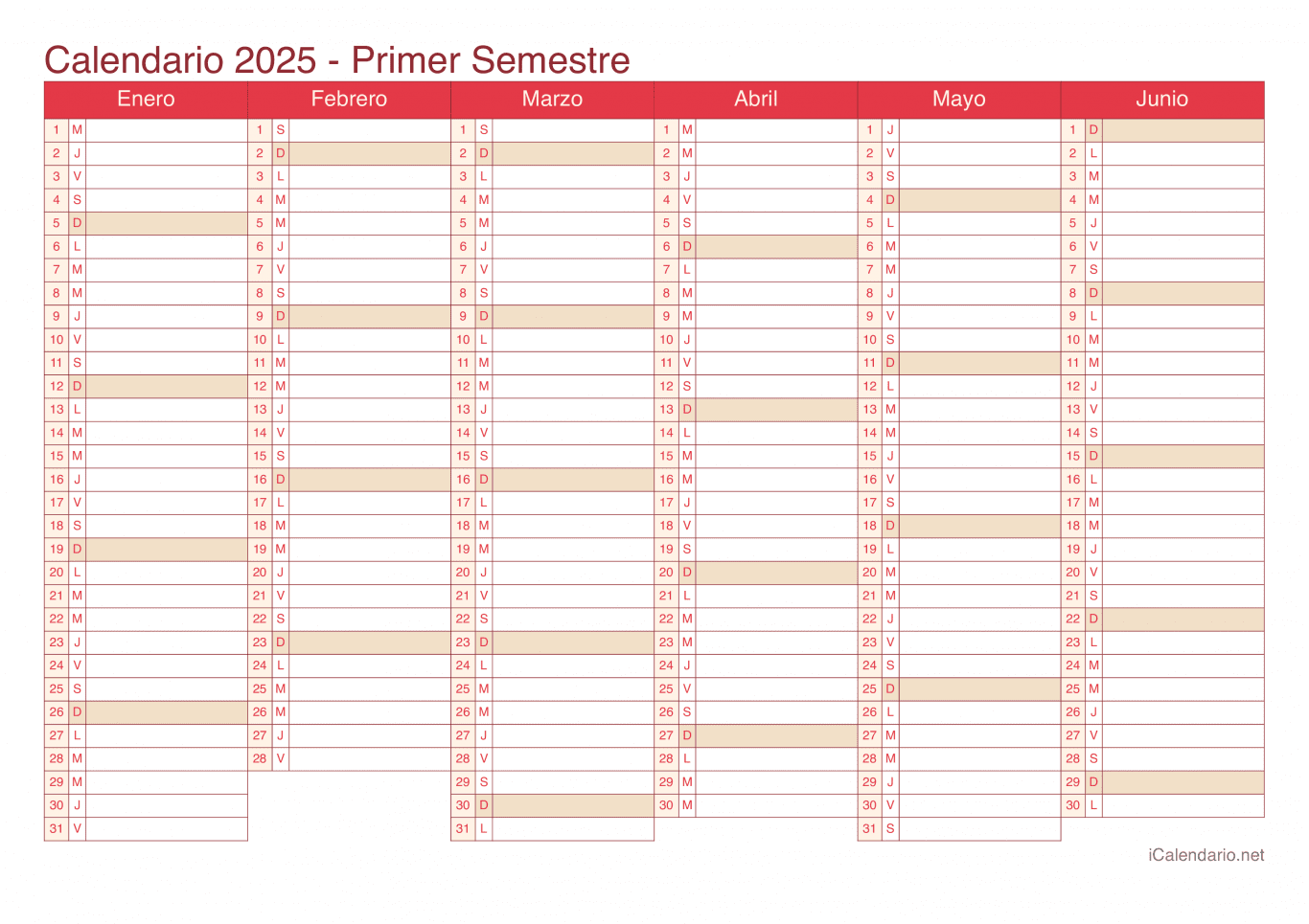 Calendario por semestre 2025 - Cherry