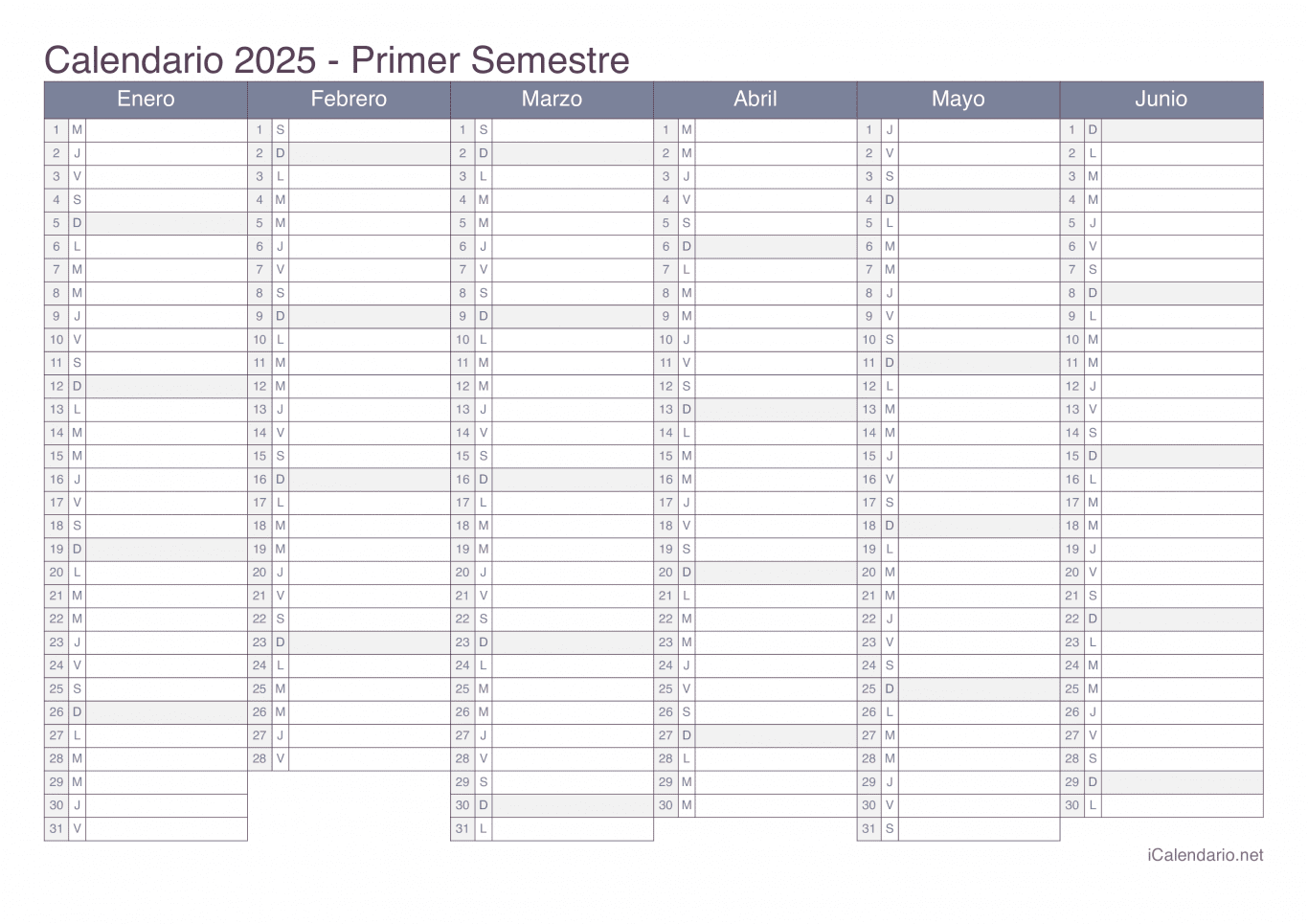Calendario por semestre 2025 - Office
