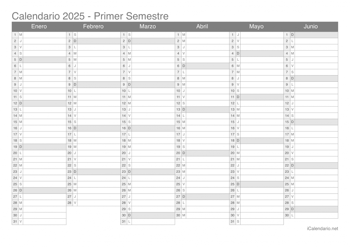 Calendario por semestre 2025