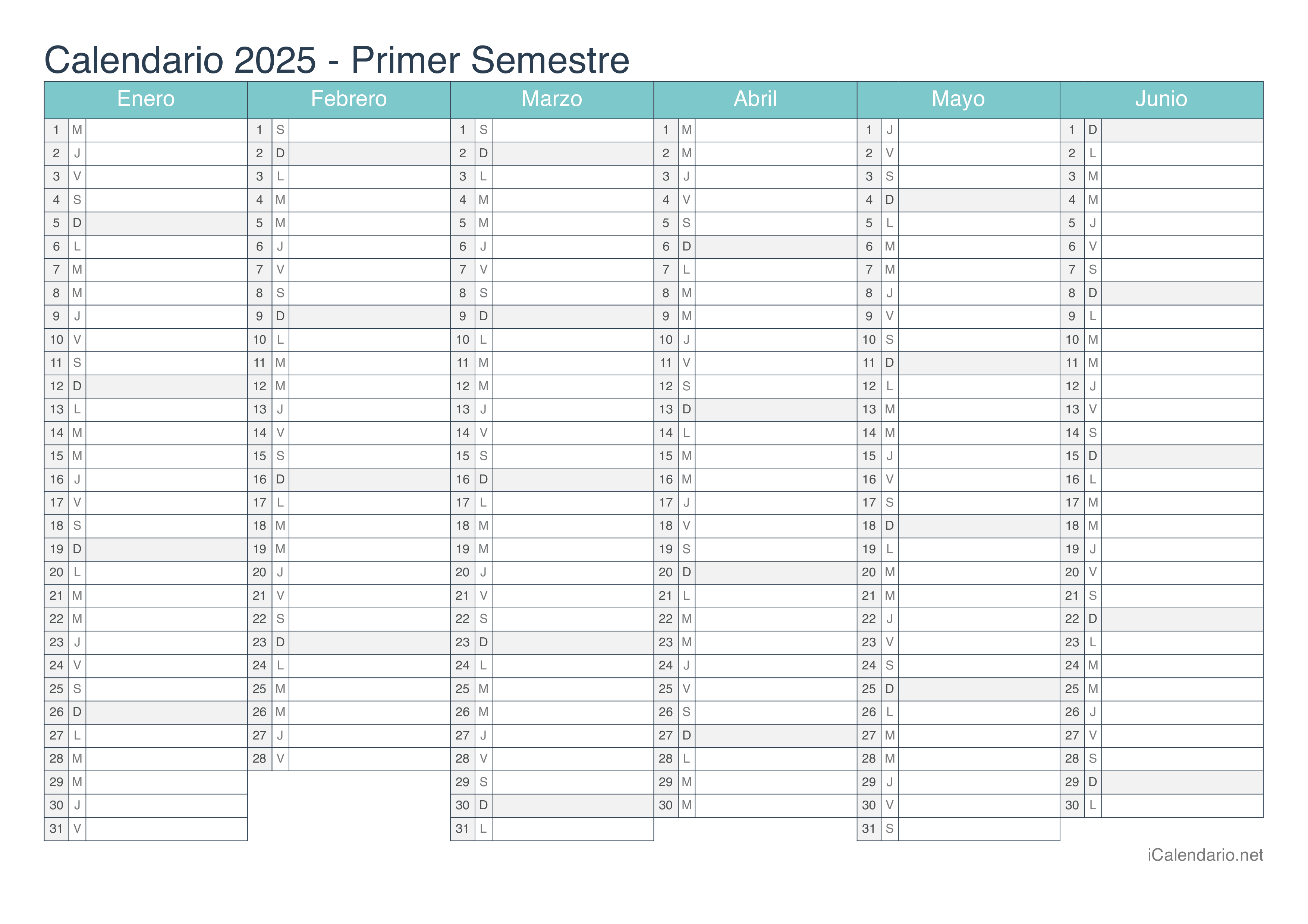 Calendario por semestre 2025 - Turquesa