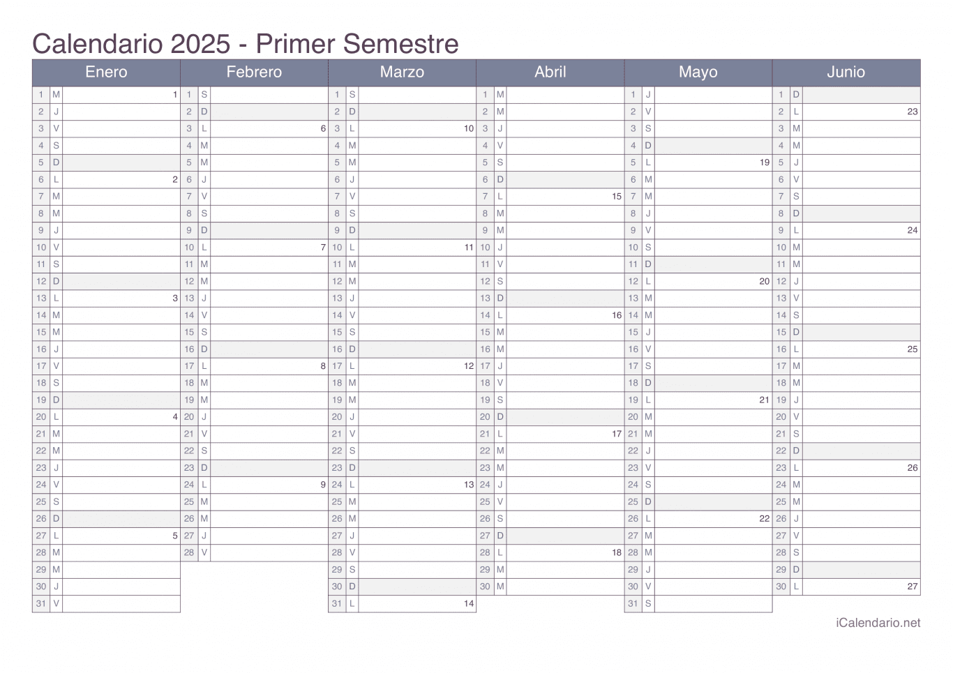 Calendario por semestre com números da semana 2025 - Office