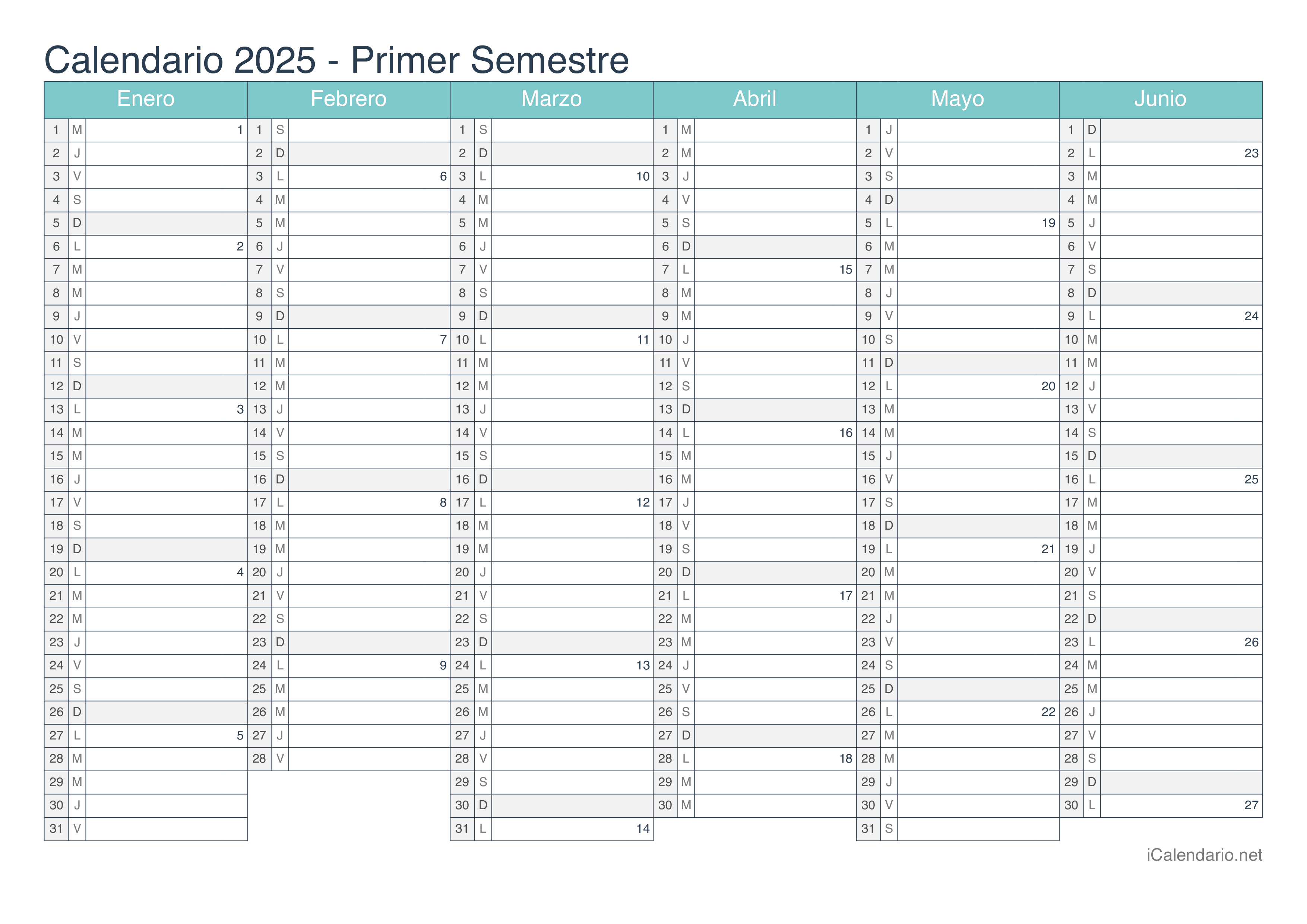 Calendario por semestre com números da semana 2025 - Turquesa