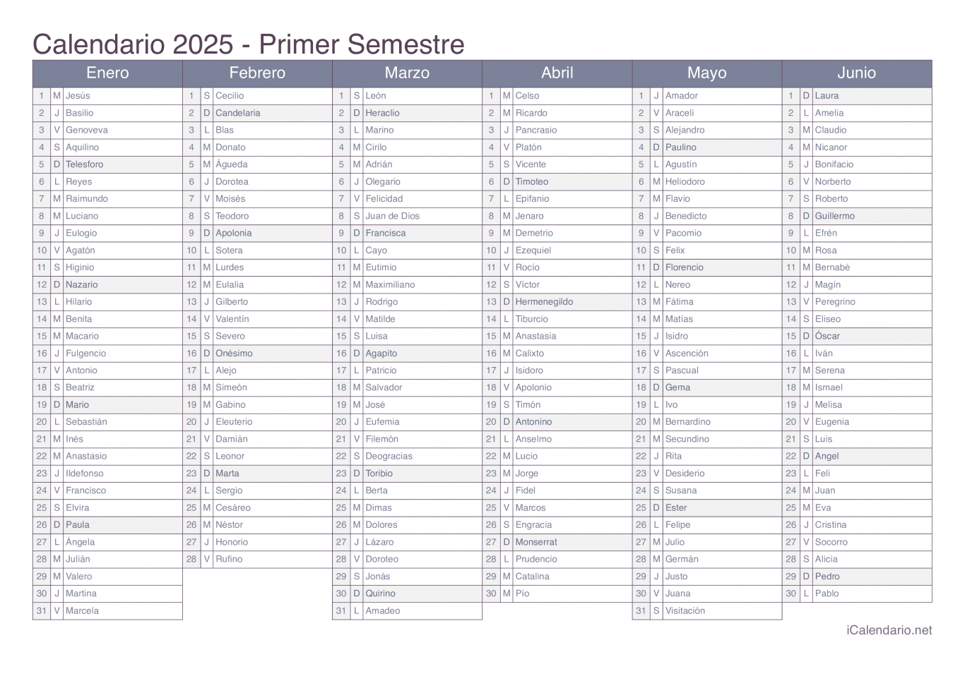 Calendario por semestre 2025 com festa do dia - Office