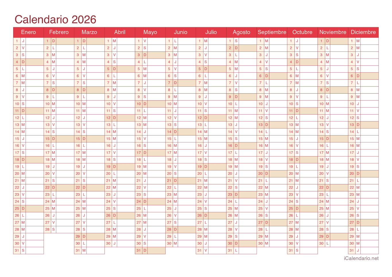 Calendario 2026 - Cherry