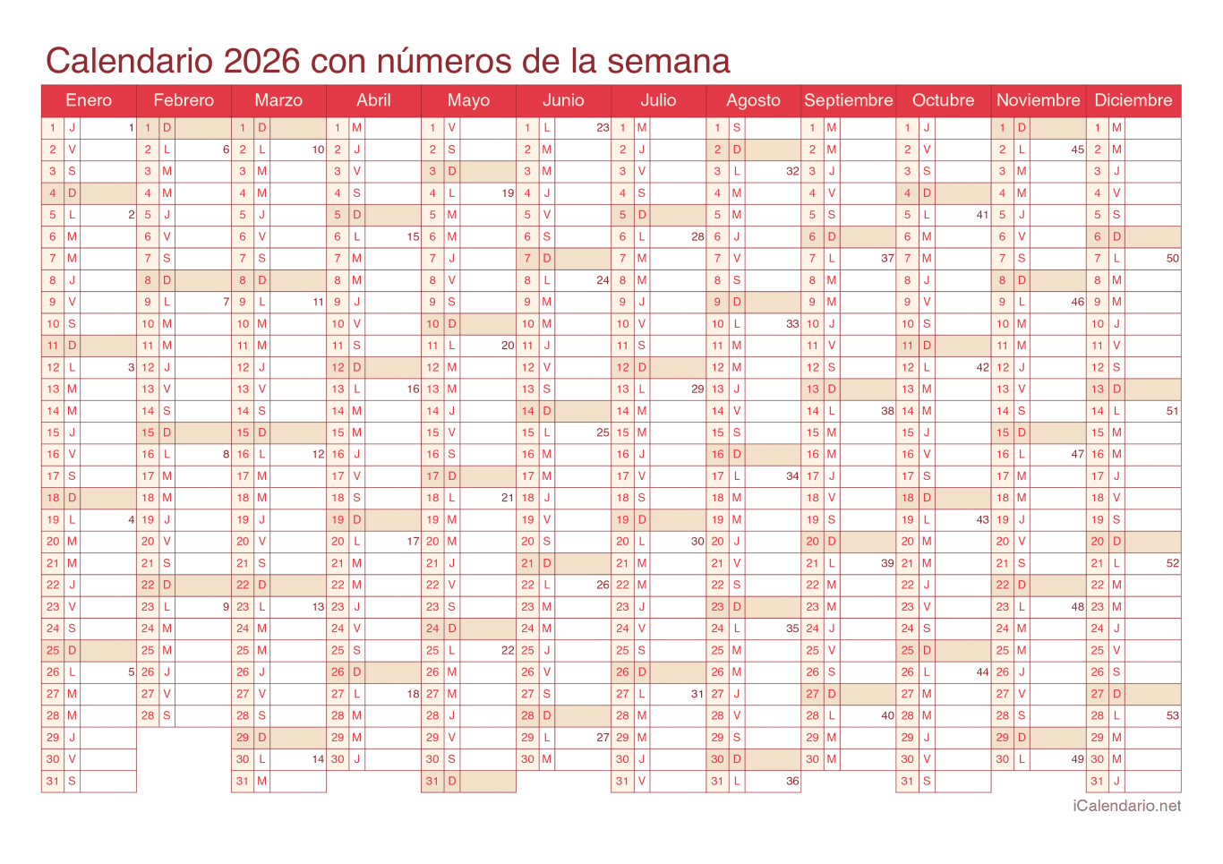 Calendario 2026 con números de semana - Cherry