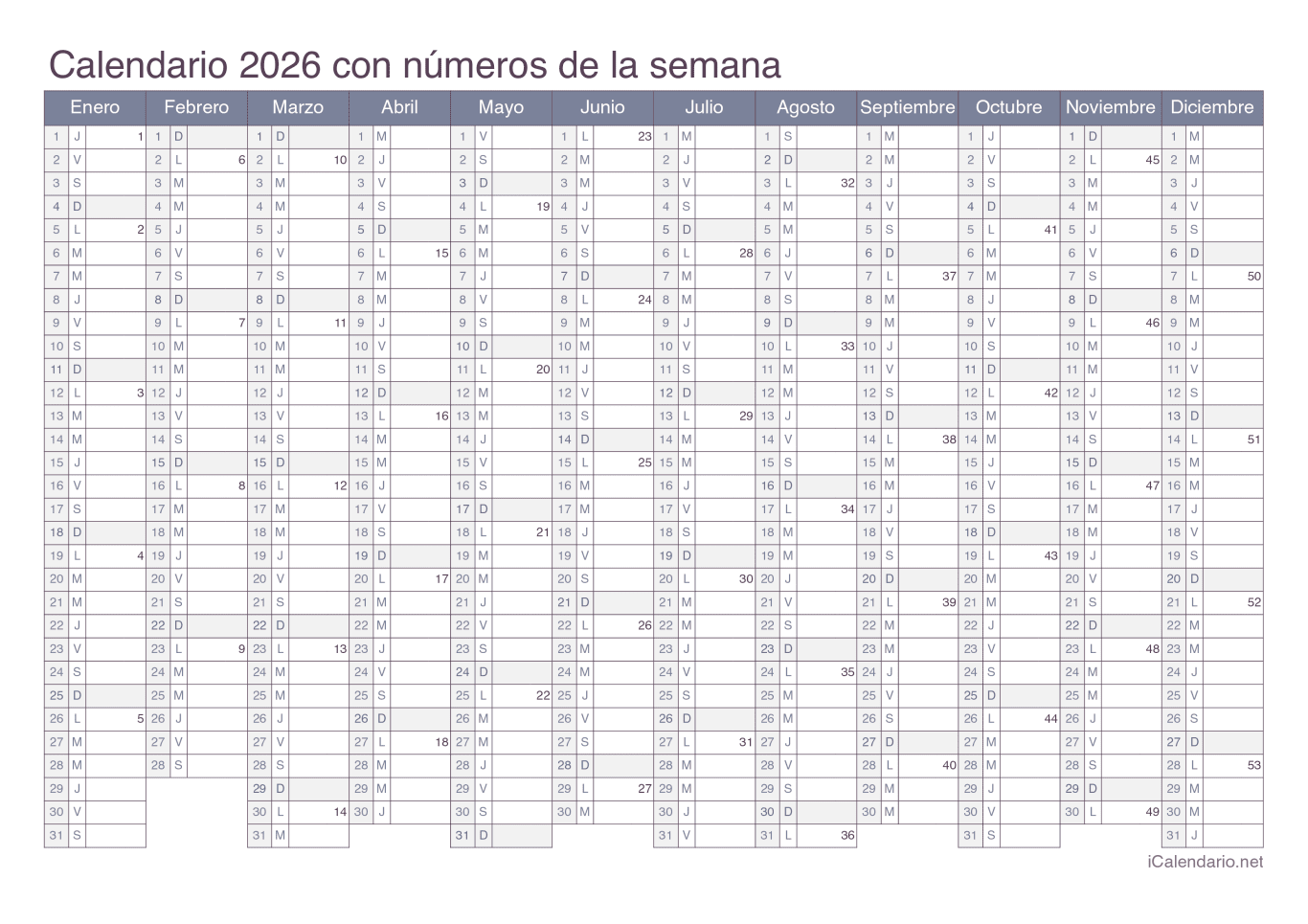 Calendario 2026 con números de semana - Office