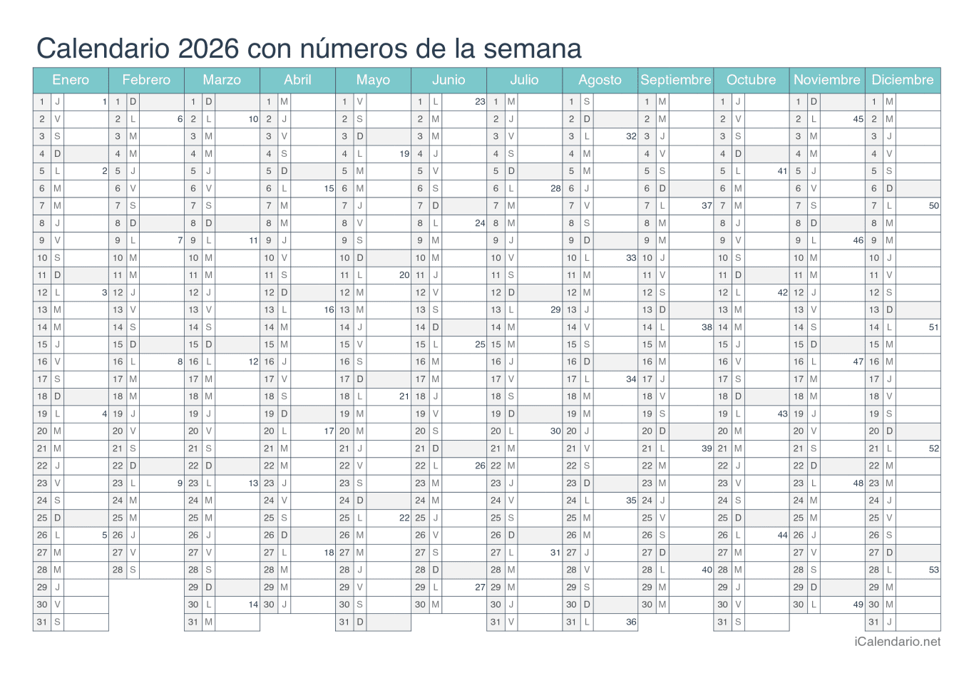 Calendario 2026 con números de semana - Turquesa