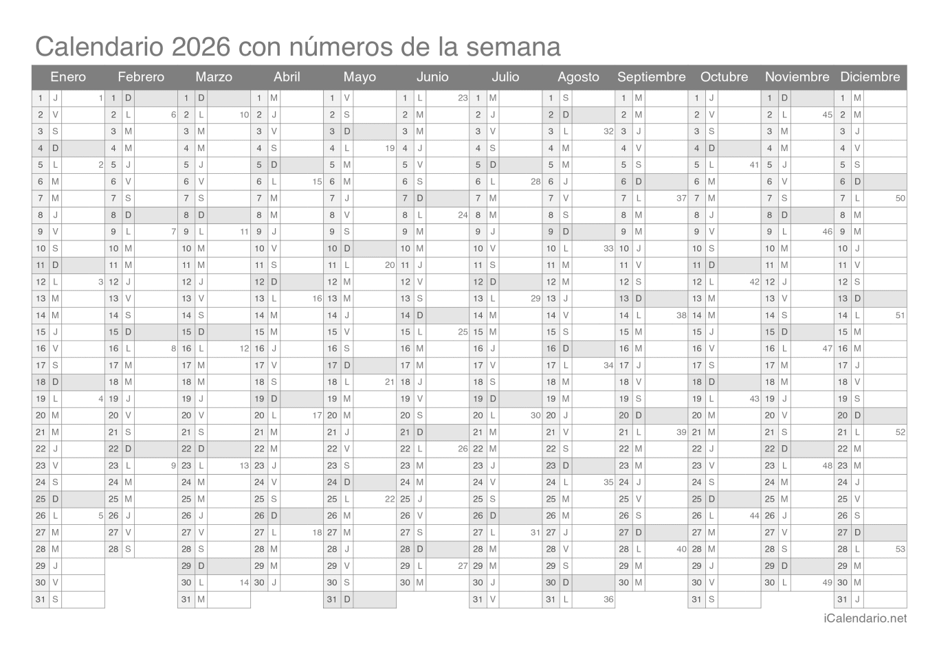 Calendario 2026 con números de semana