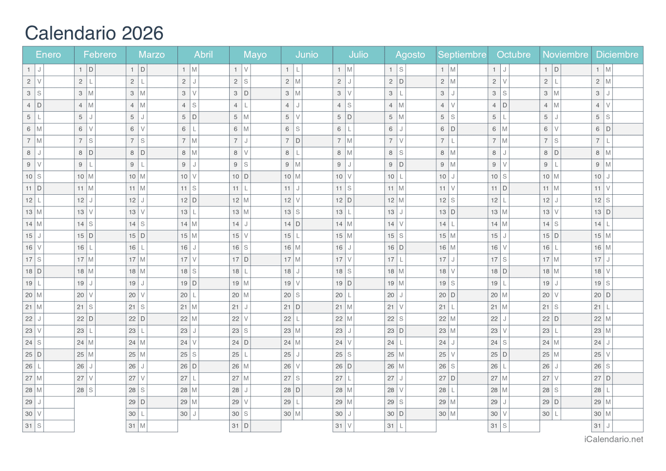 Calendario 2026 - Turquesa