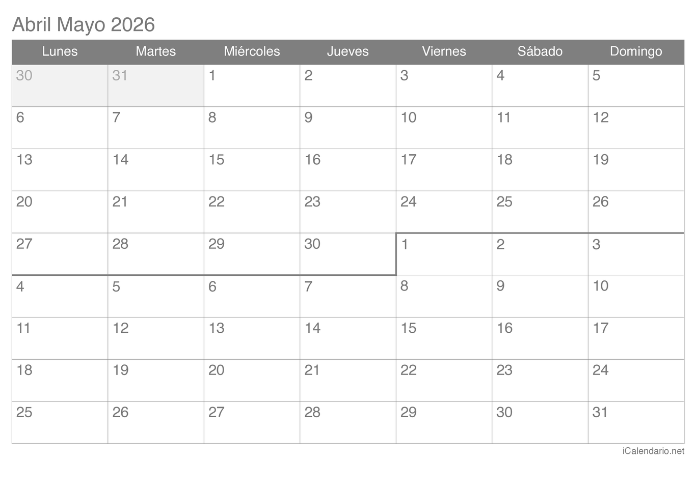 Calendario de abril mayo 2026