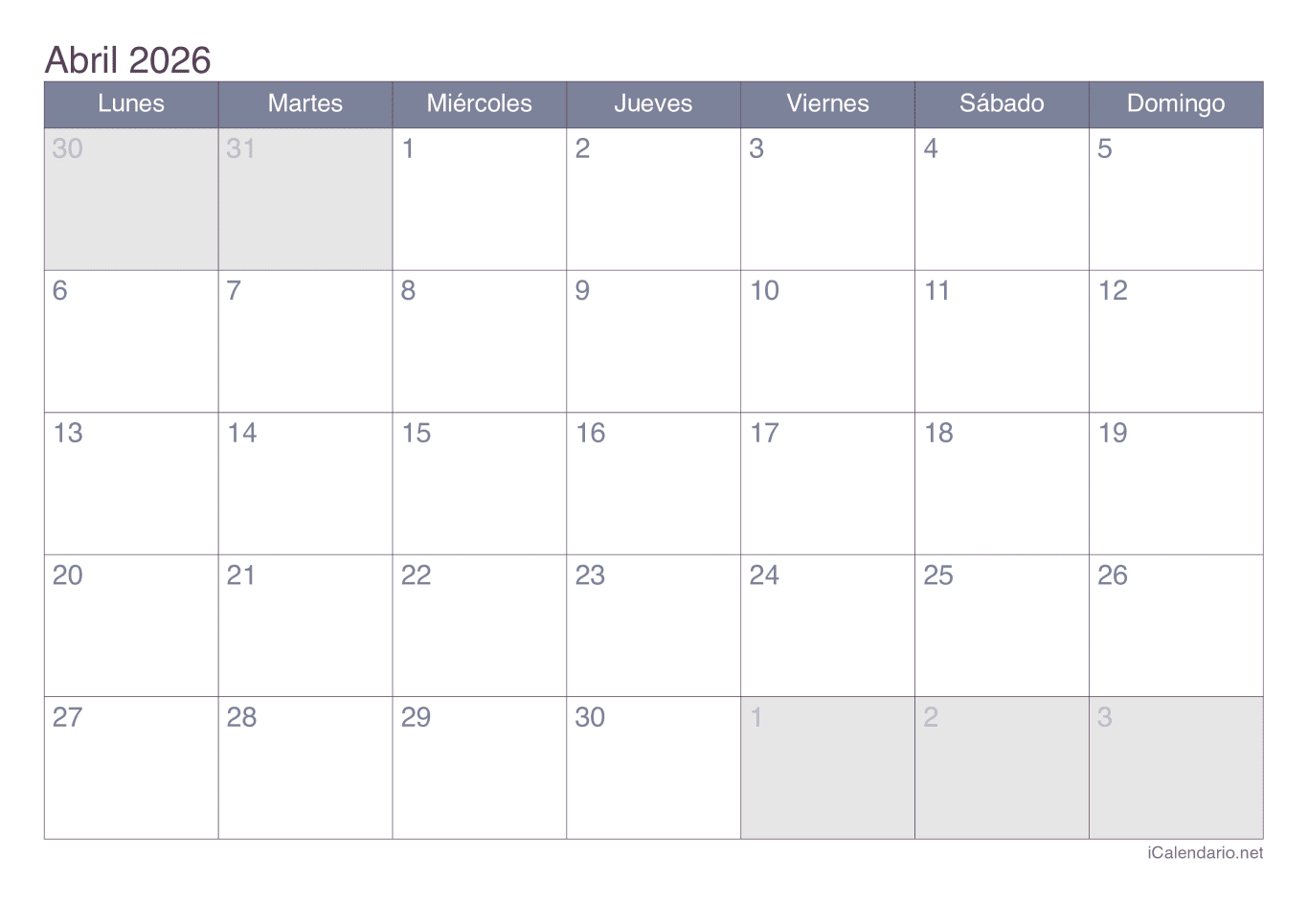 Calendario d'abril 2026 - Office