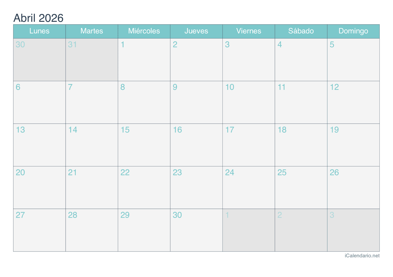 Calendario d'abril 2026 - Turquesa