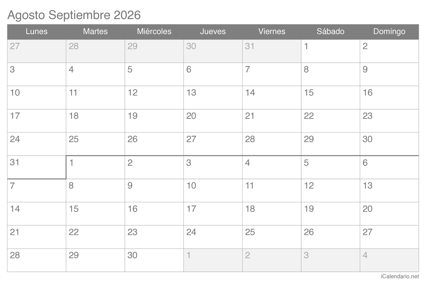 Calendario de agosto septiembre 2026