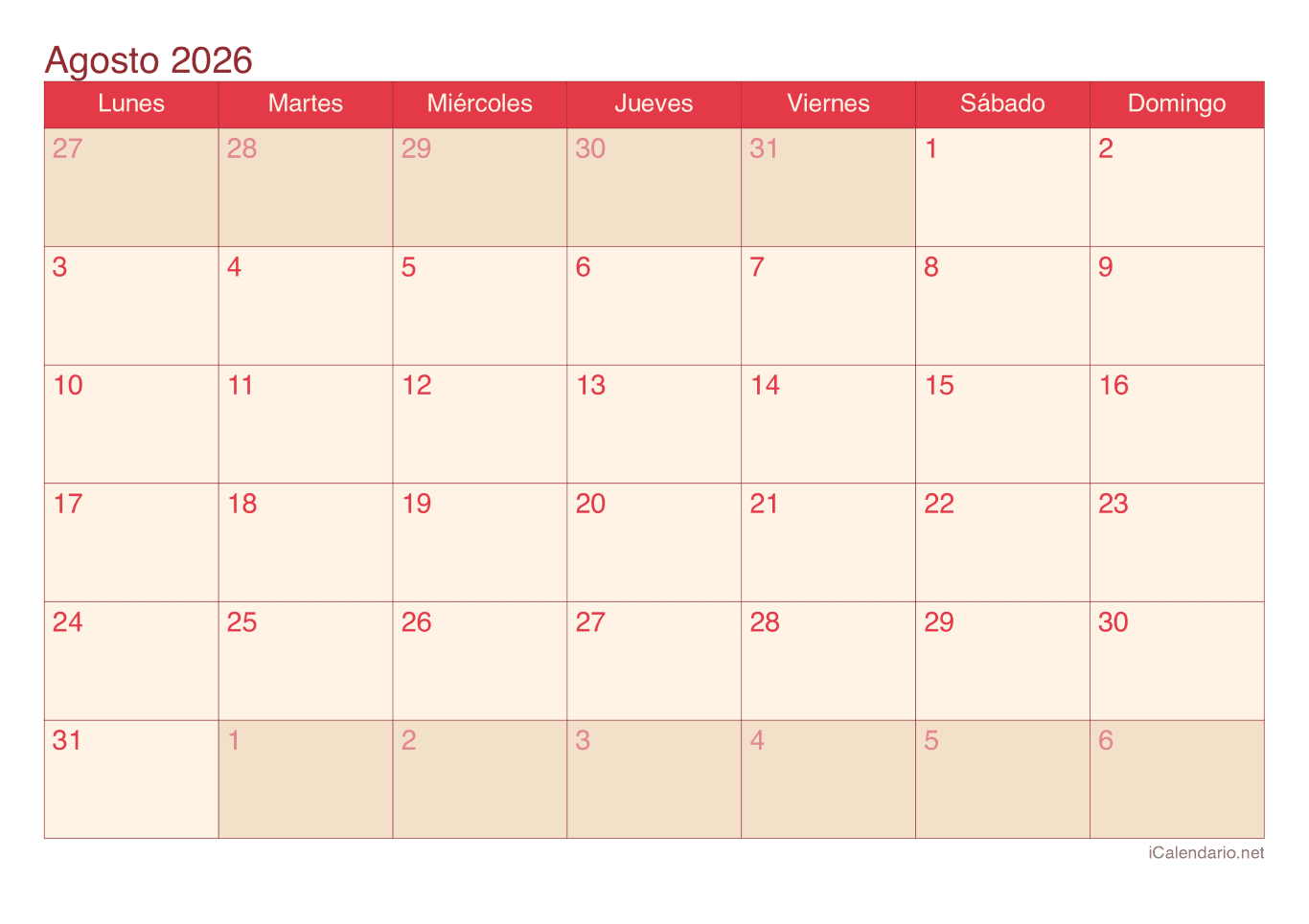 Calendario d'agosto 2026 - Cherry