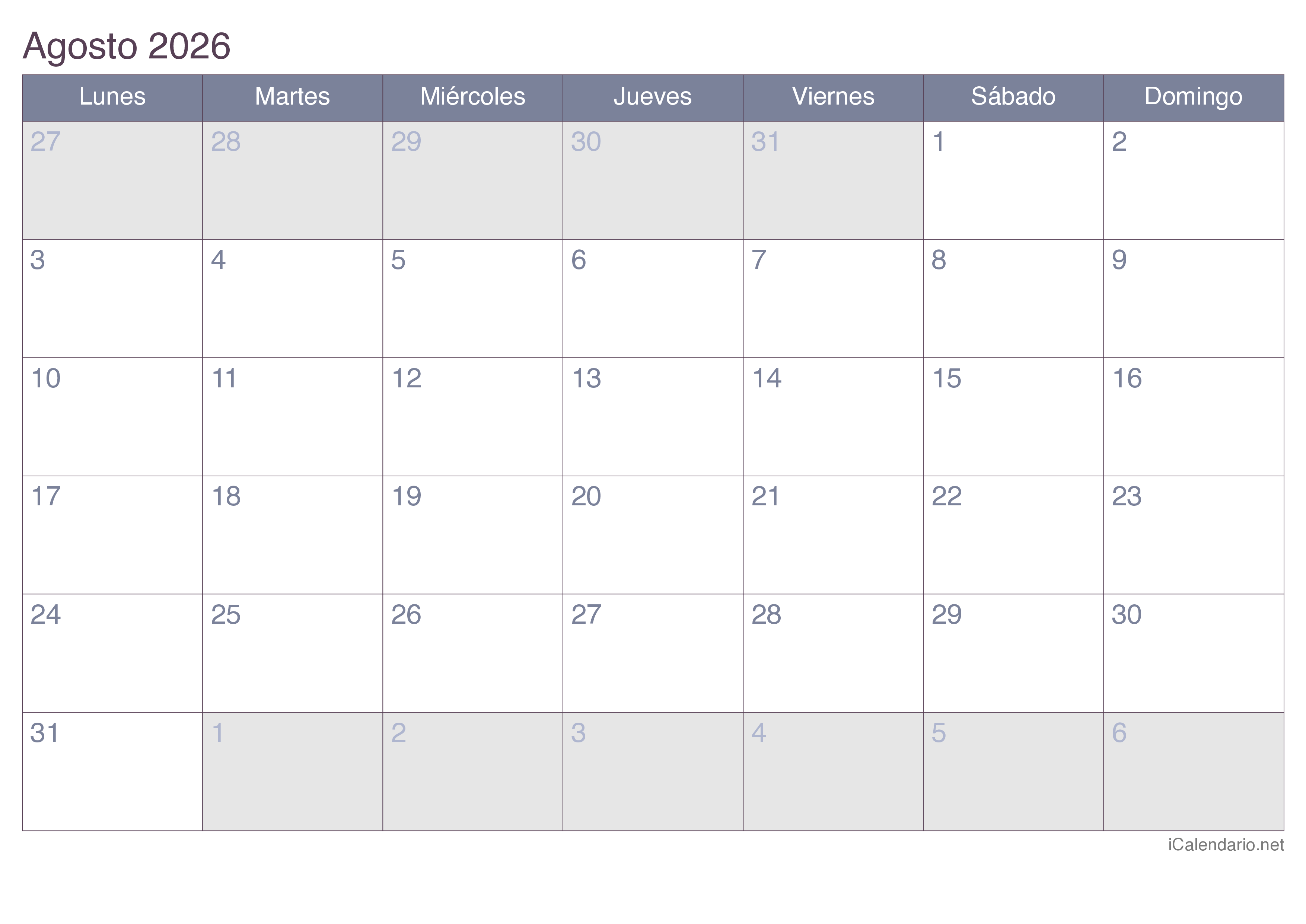 Calendario Agosto De 2026 Para Imprimir