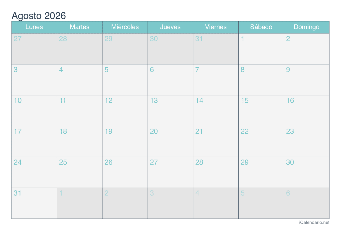 Calendario d'agosto 2026 - Turquesa