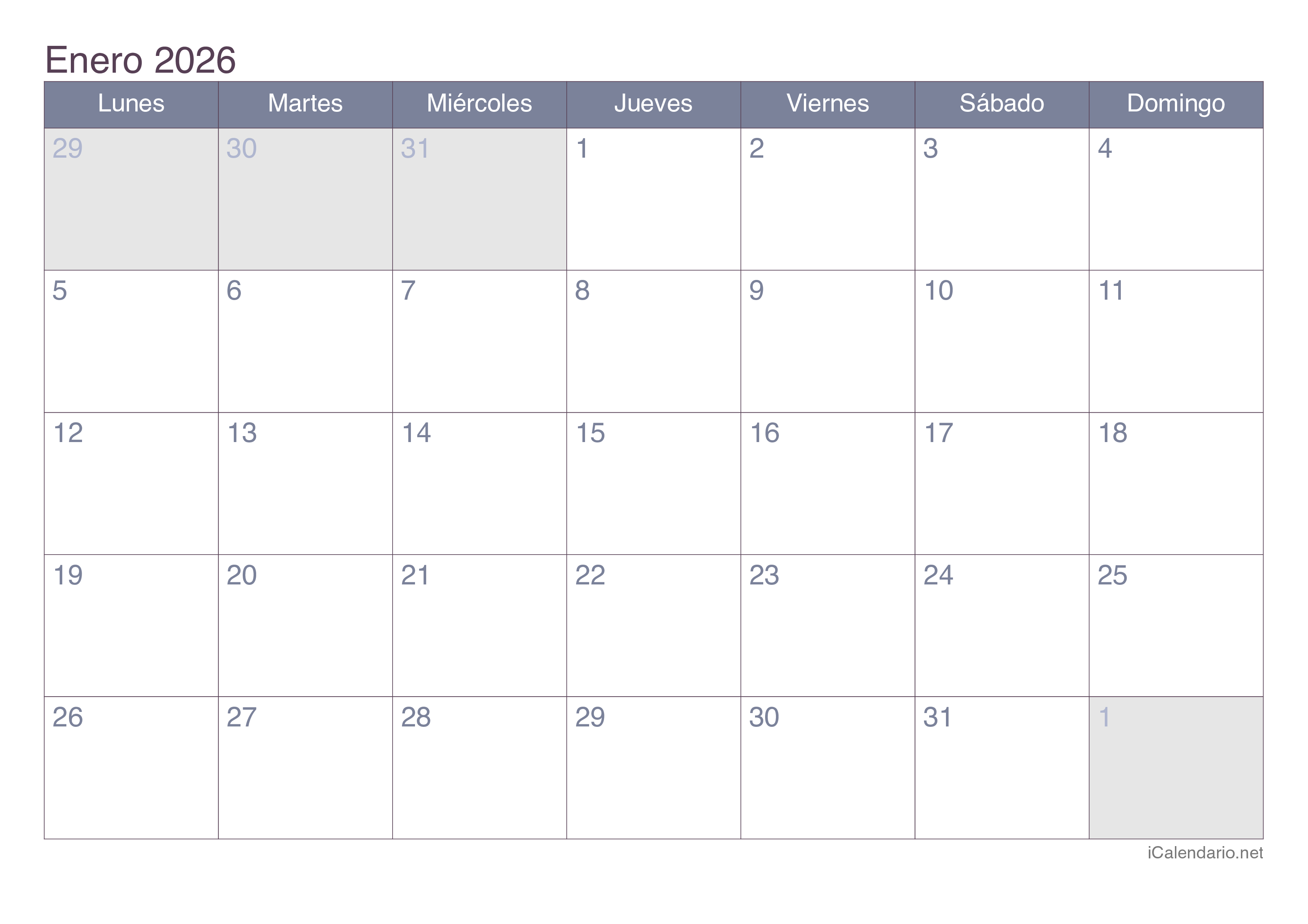 Calendario por mes 2026 - Office