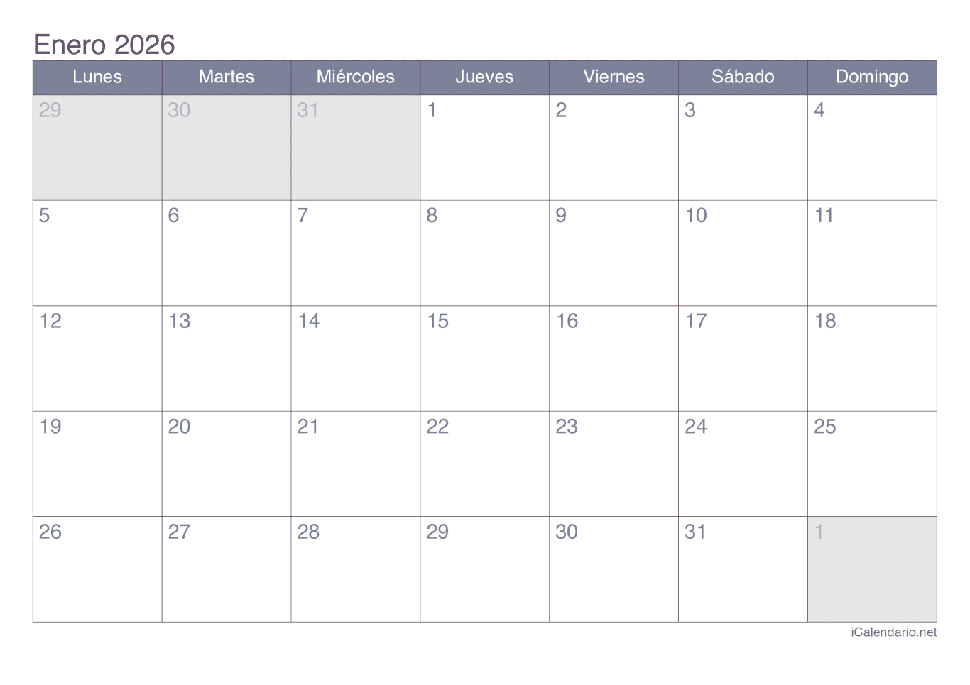 Calendario por mes 2026 - Office