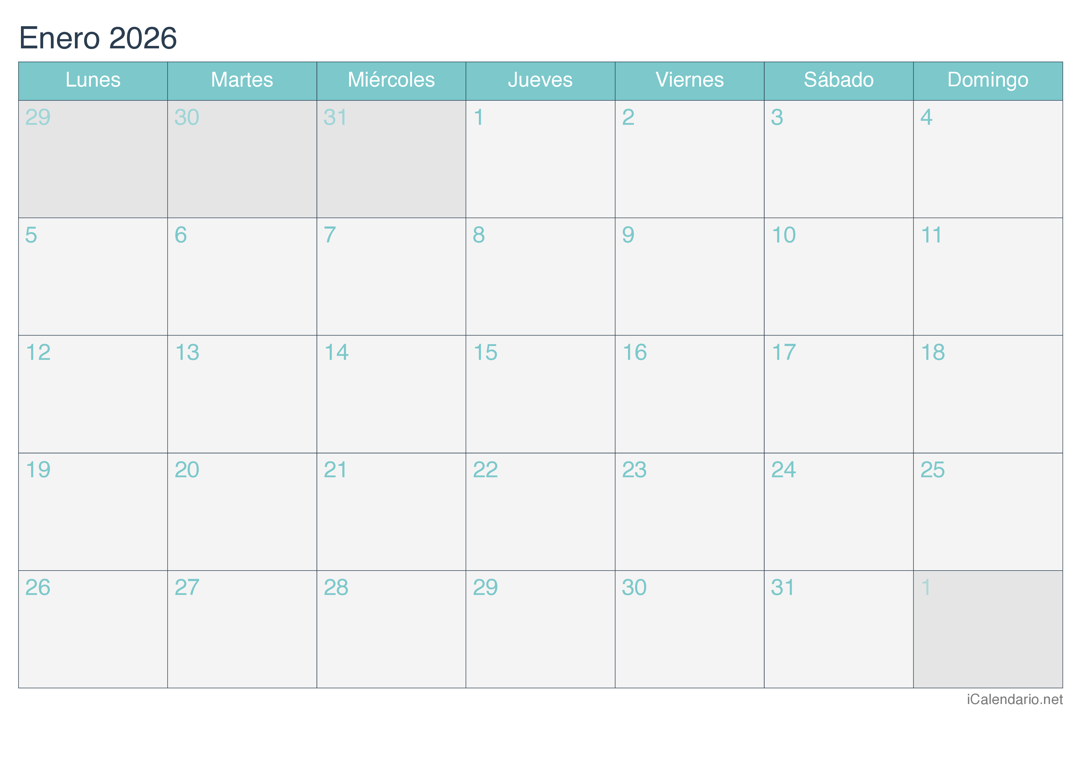 Calendario por mes 2026 - Turquesa