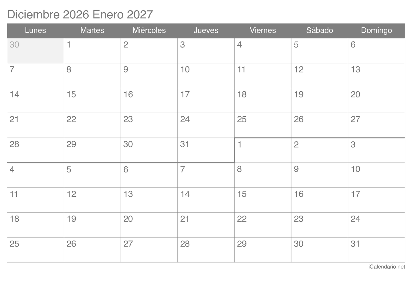 Calendario de diciembre enero 2026