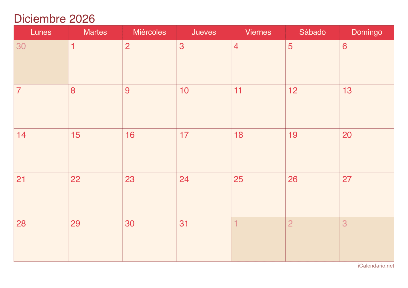 Calendario de diciembre 2026 - Cherry