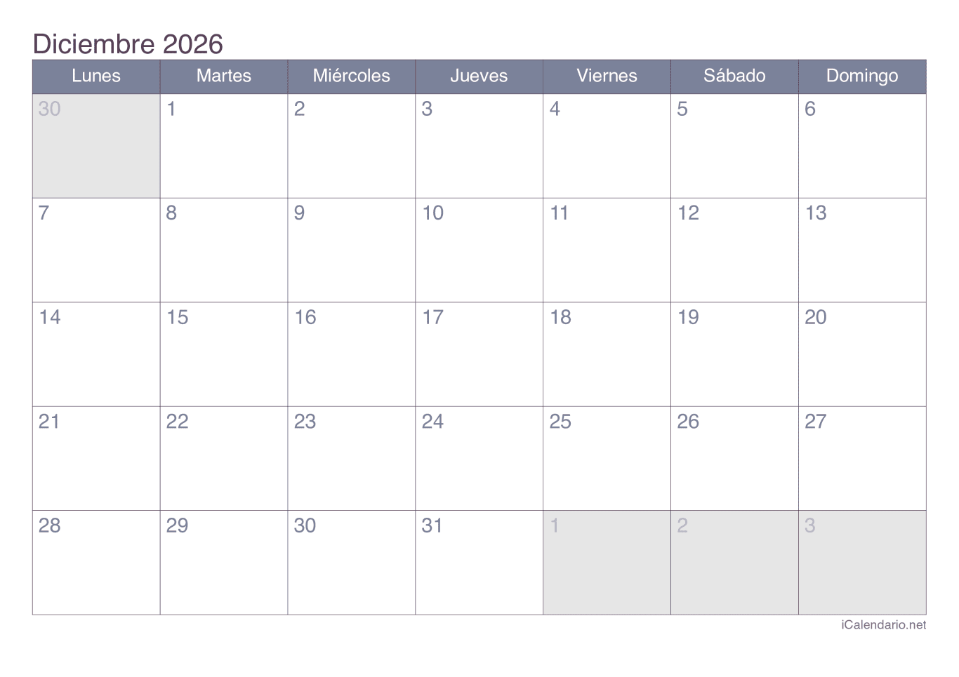 Calendario de diciembre 2026 - Office