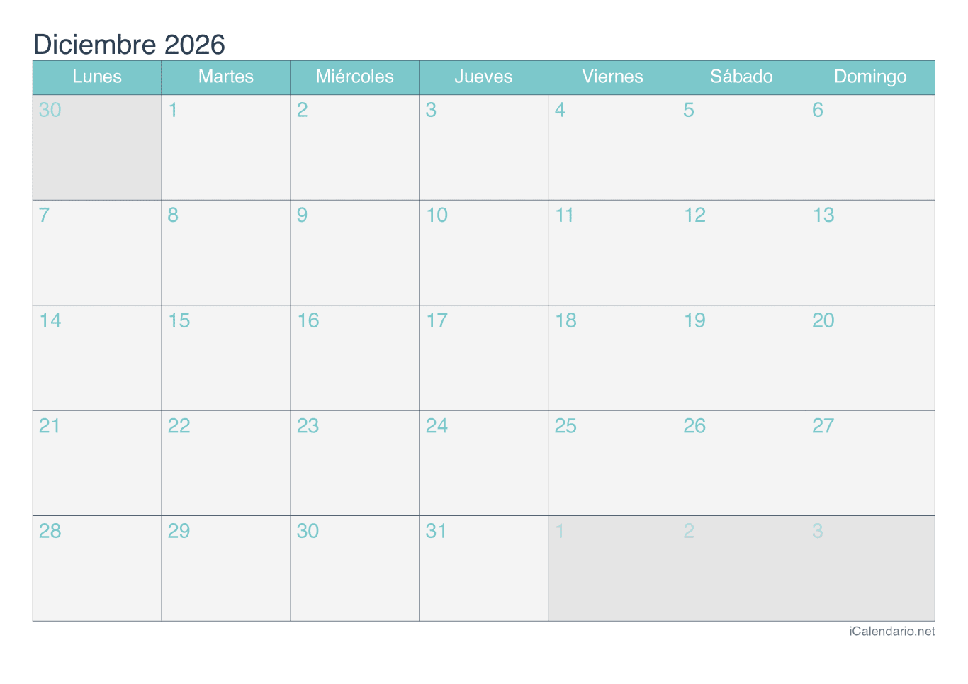 Calendario de diciembre 2026 - Turquesa