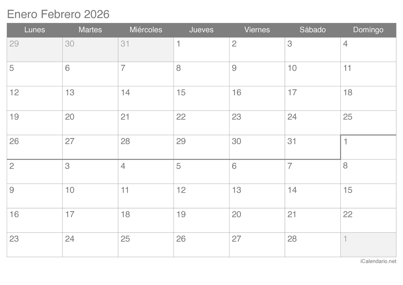 Calendario de enero febrero 2026