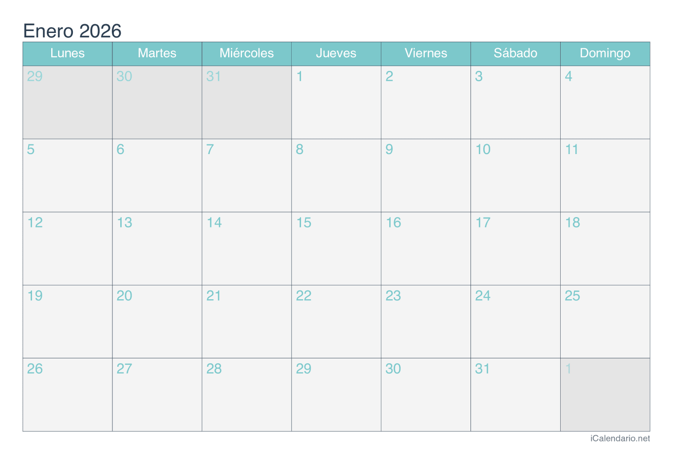Calendario d'enero 2026 - Turquesa