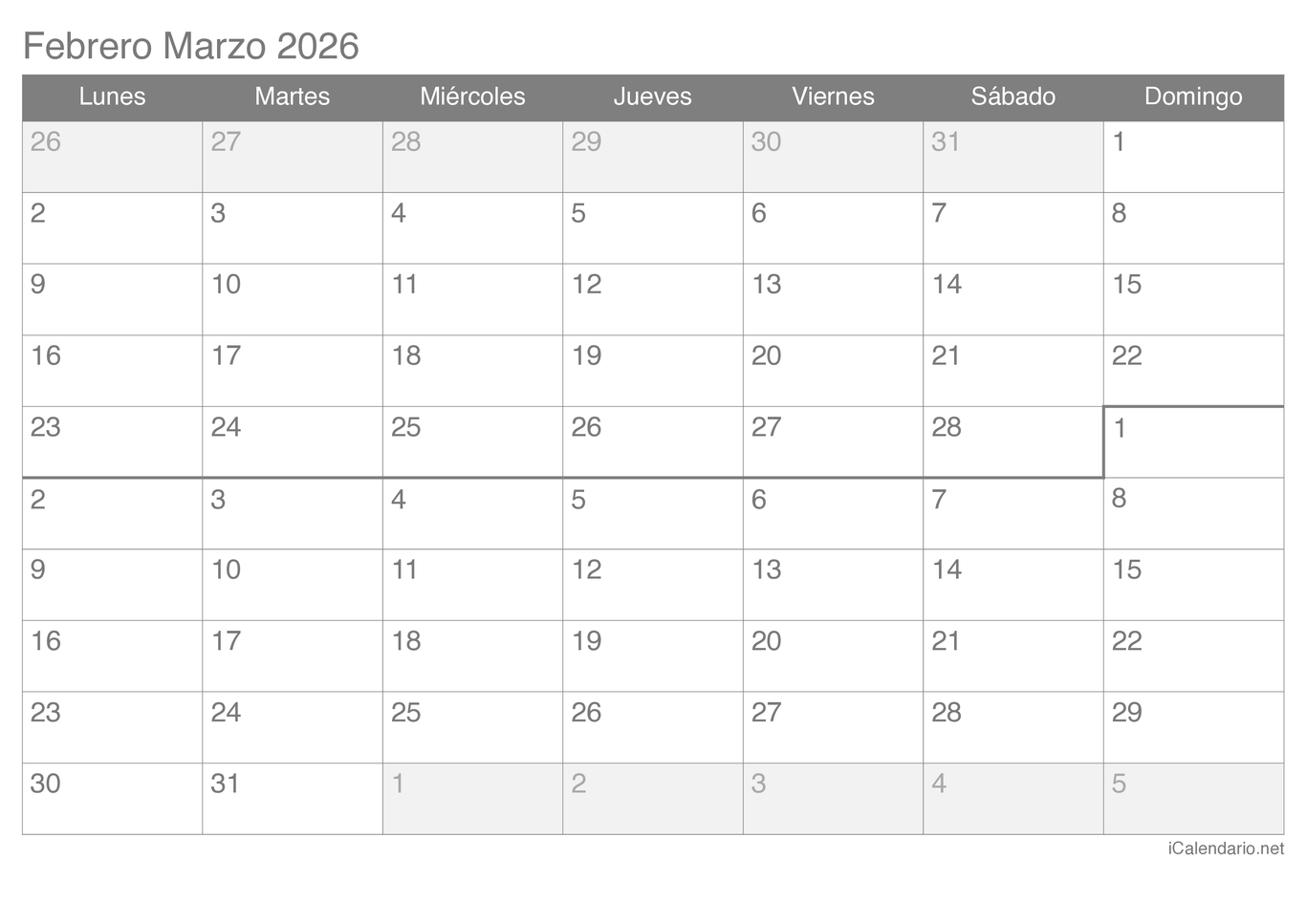 Calendario de febrero marzo 2026