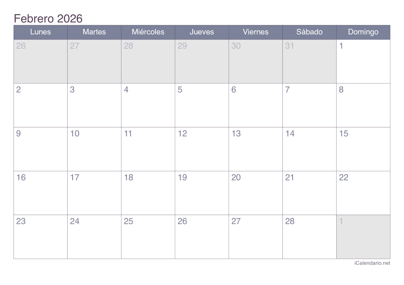 Calendario de febrero 2026 - Office