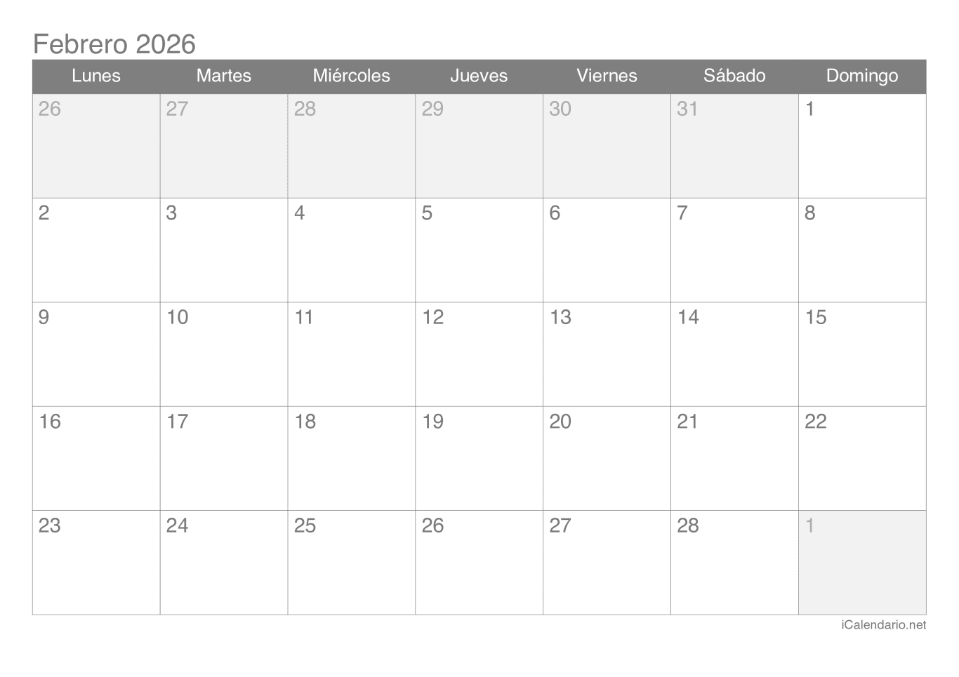 Calendario de febrero 2026