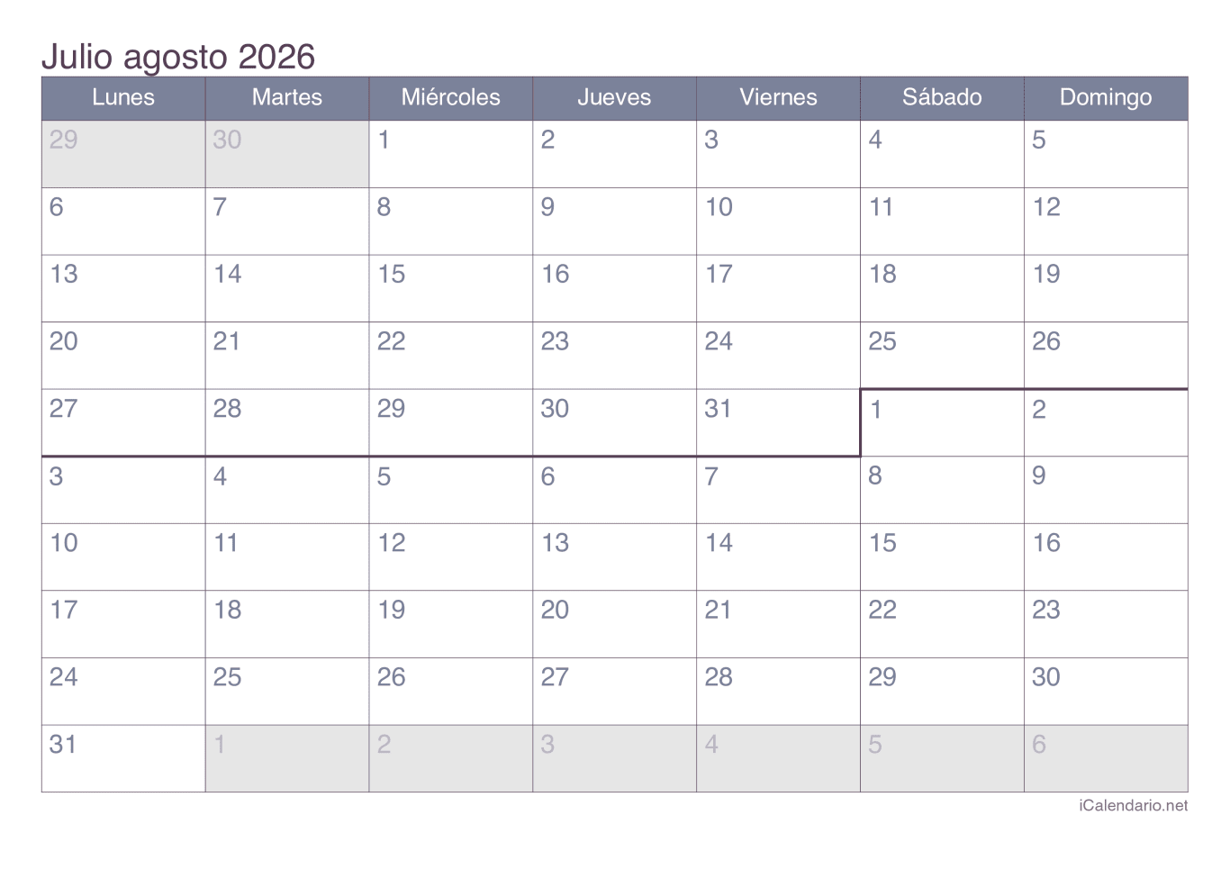 Calendario de julio agosto 2026 - Office