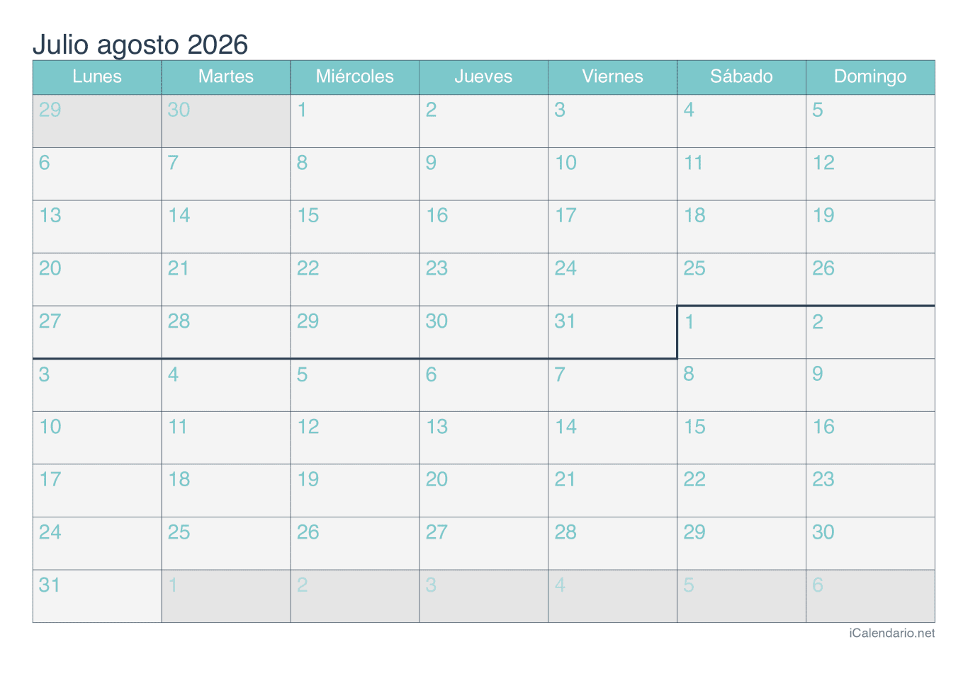 Calendario de julio agosto 2026 - Turquesa