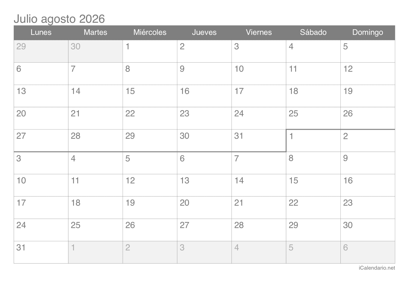 Calendario de julio agosto 2026