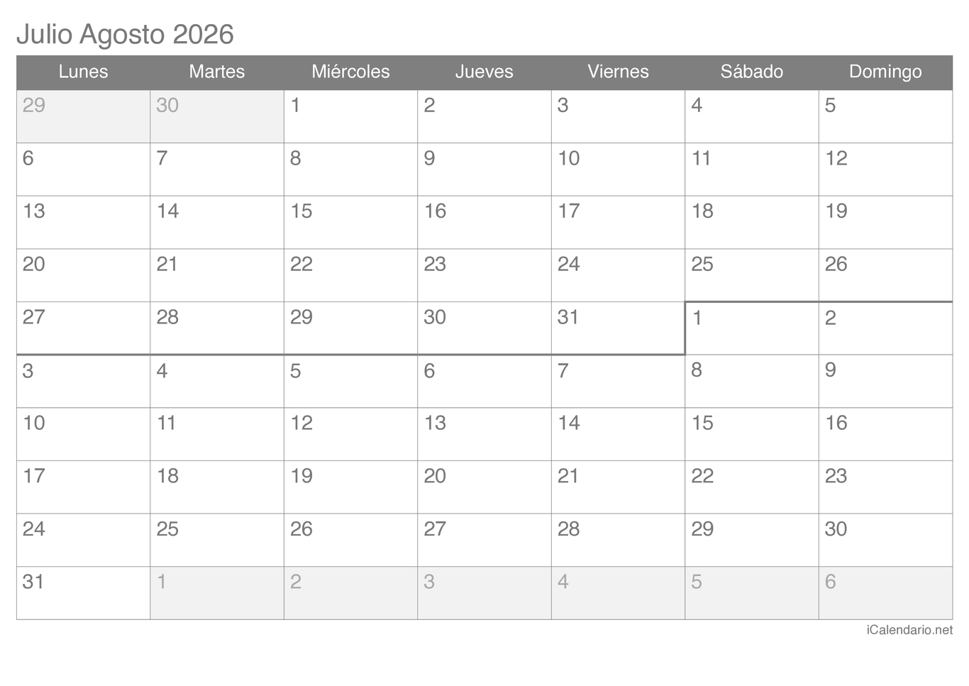 Calendario De Julio Y Agosto De 2026 Para Imprimir