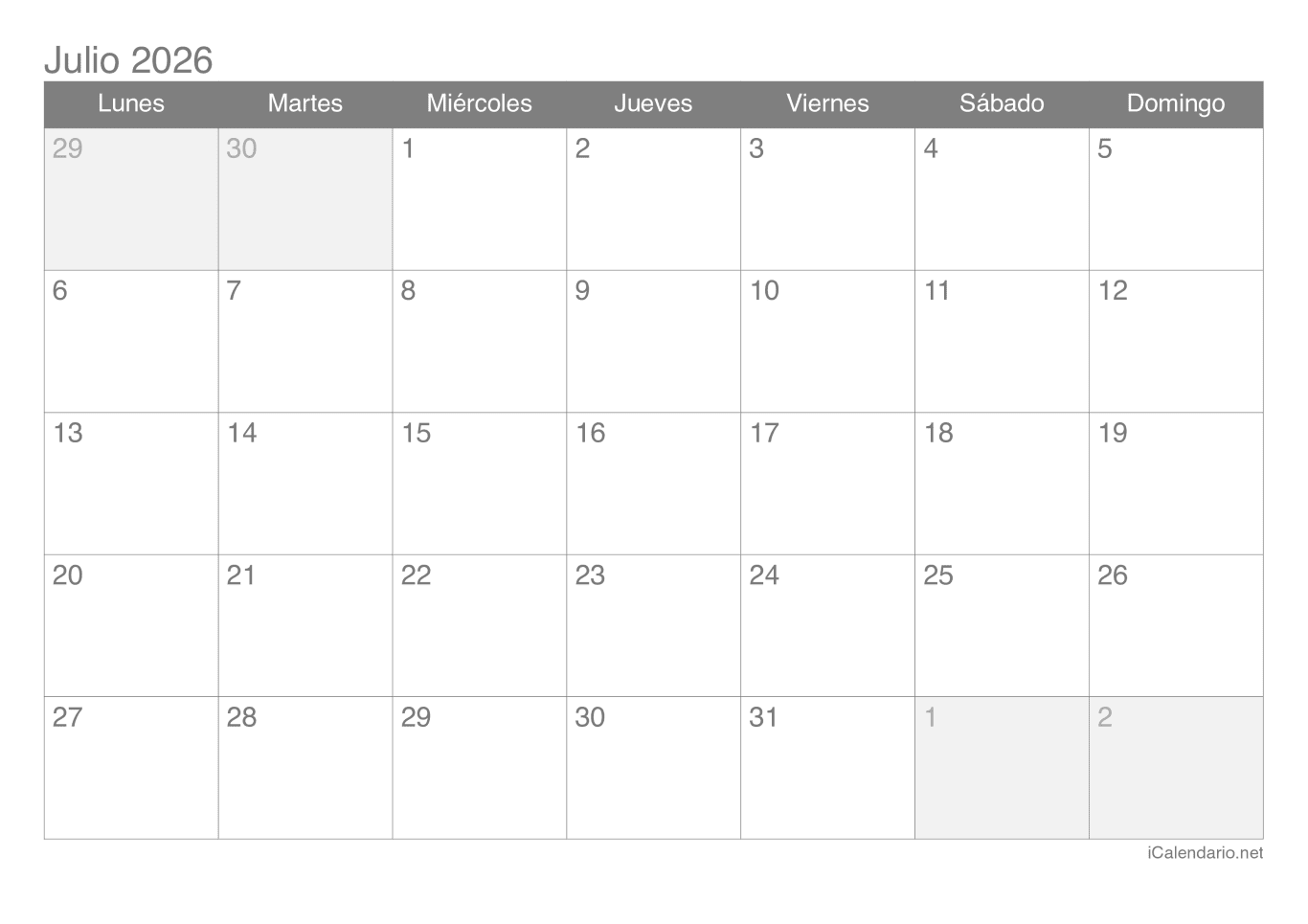 Calendario de julio 2026