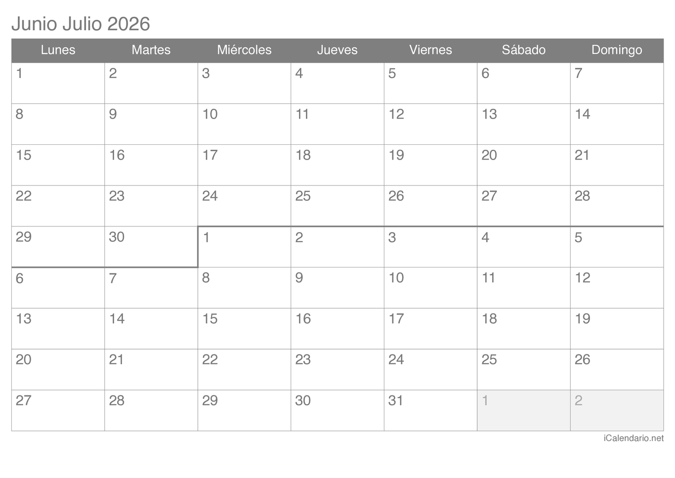 Calendario de junio julio 2026