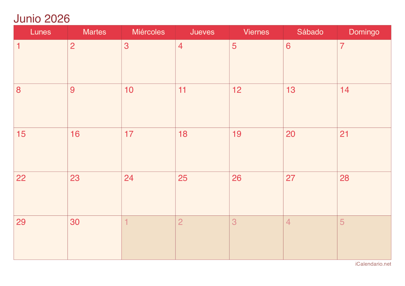 Calendario de junio 2026 - Cherry