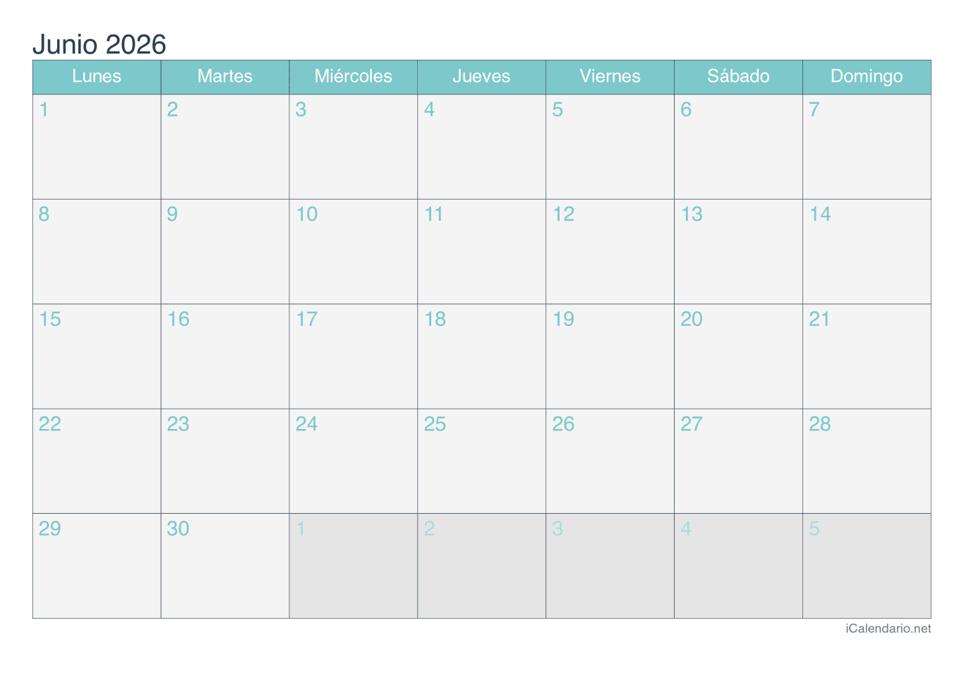 Calendario de junio 2026 - Turquesa
