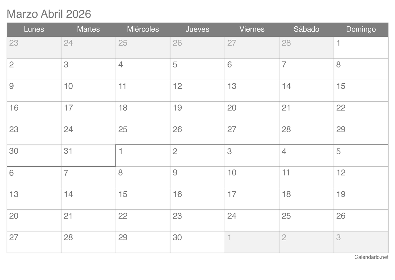 Calendario de marzo abril 2026