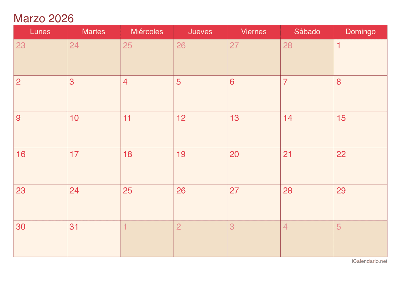 Calendario de marzo 2026 - Cherry