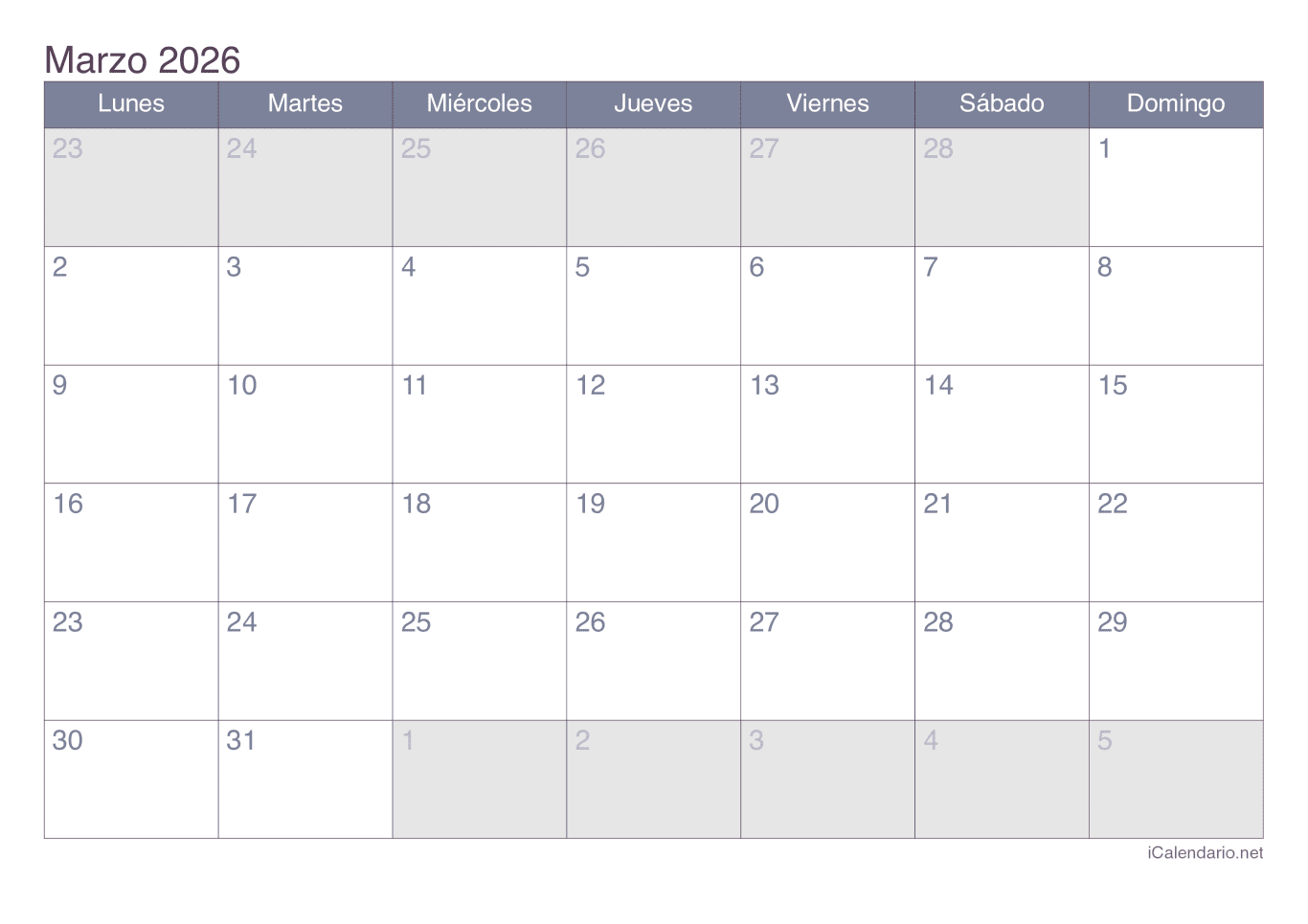 Calendario de marzo 2026 - Office